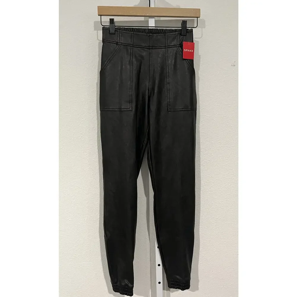 SPANX NWT $148 Black Leather Like Joggers Size XS